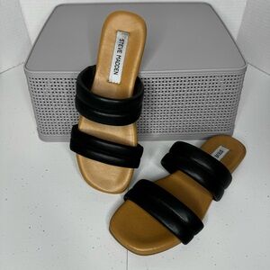 Steve Madden Wizen Black Leather Cushioned Strap Sandals‎ Slides Size 7